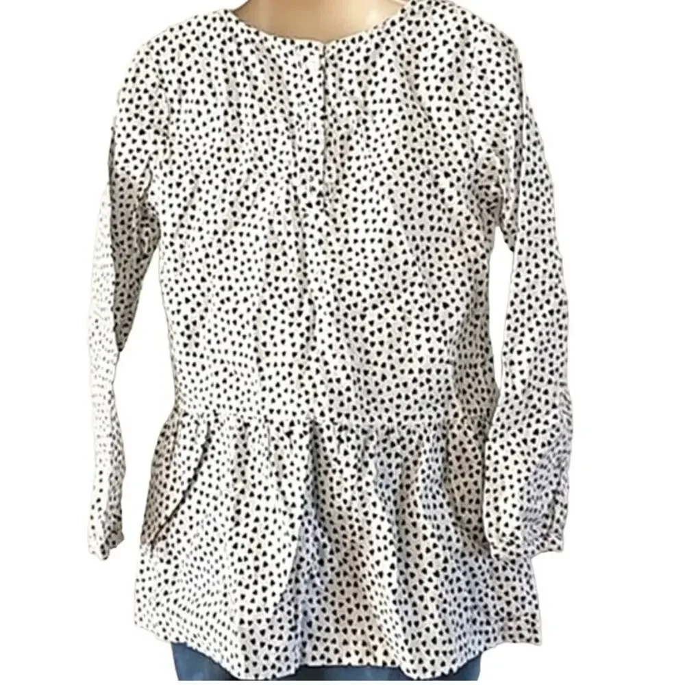 Carter's Girls Heart Print Peplum Top Size 6/6X Long Sleeve Cream Black Bow